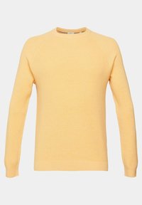 Gelbes geripptes Sweatshirt mit runder Ausschnitt und langen Ärmeln. Die Textur wirkt weich und gestrickt, geeignet für legere Alltagskleidung.