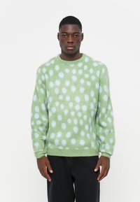 Groene trui van zacht materiaal, met lichtblauwe stippen, een ronde hals en ribgebreide manchetten en zoom. Het model draagt zwarte broeken.