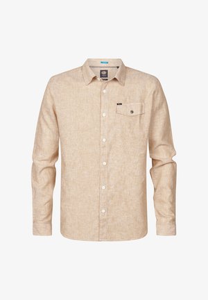 Hellbeige Langarm-Hemd mit Knopfleiste, strukturiertem Muster, einer Brusttasche und abgerundetem Saum. Es verfügt über weiße Knöpfe und einen Kragen.