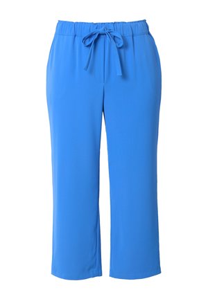 Pantaloni leggeri blu con cintura elastica e cintura legata. Il design presenta una gamba dritta senza tasche.