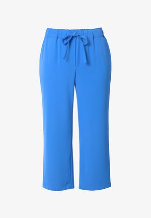 Blaue, leichte Hosen mit einem elastischen Bund und einem gebundenen Gürtel. Das Design verfügt über ein gerades Bein ohne Taschen.