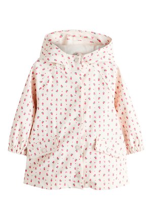 Dječji kremasti kišni ogrtač s ružičastim cvjetnim uzorkom, kapuljačom, prednjim gumbima, elastičnim manšetama i dva prednja džepa s poklopcem.
