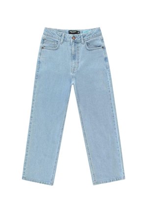 Lichtblauwe jeans in een rechte pasvorm, gemaakt van denim, met vijf zakken, een knoopsluiting en contrasterende stiksels.