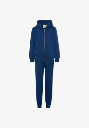 Donkerblauwe fleece-hoodie met rits aan de voorkant en bijpassende joggingsbroek met taillekoord en boorden bij de enkels.