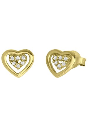 Goldene, herzförmige Ohrringe mit einem Ausschnitt-Design, gefüllt mit fünf kleinen klaren Rhinestones in der Mitte. Glatte Oberfläche, polierte Textur.