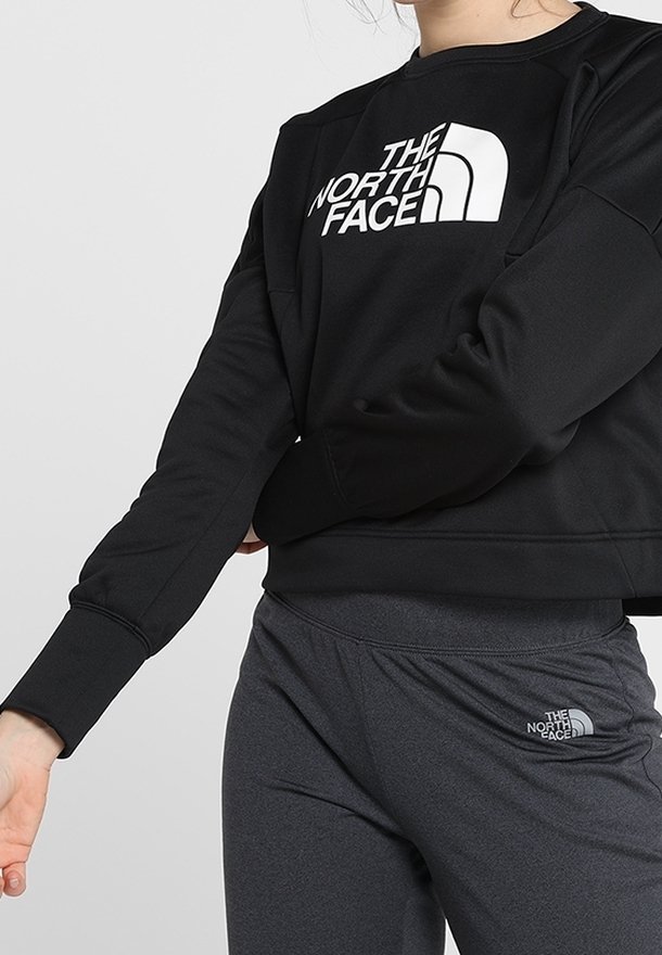 Personne portant un sweat-shirt noir et un pantalon gris foncé, tous deux avec des logos blancs The North Face, montrée du cou aux hanches.