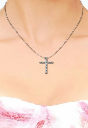 Silberne Kettenhalskette mit einem Kreuzanhänger, der mit klaren Strasssteinen verziert ist, schlichtes Design und glatte, metallische Textur.