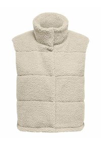 Gilet en polaire beige avec col montant, design matelassé et surface douce et texturée. Sans manches, il présente une seule fermeture au niveau du cou.