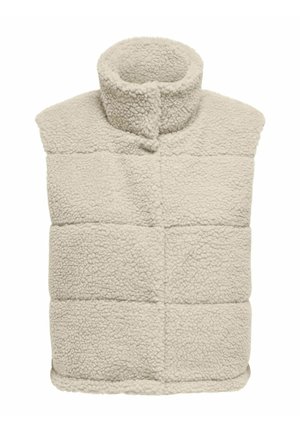 Gilet en polaire beige avec col montant, design matelassé et surface douce et texturée. Sans manches, il présente une seule fermeture au niveau du cou.