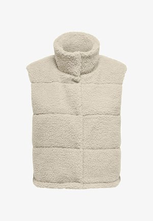 Gilet en polaire beige avec col montant, design matelassé et surface douce et texturée. Sans manches, il présente une seule fermeture au niveau du cou.