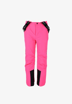 Lyserøde skibukser med justerbare sorte stropper, lavet af vandtæt materiale, med sorte detaljer på underbenene og sidelommer.