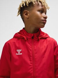 Boy with blonde dreadlocks wearing a red hummel zip-up jacket, looking to his right against a plain light background.
