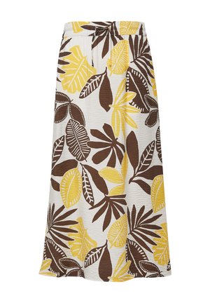 Lange, gemusterte Rock mit gelben und braunen Blättern auf einem hellen Hintergrund. Hergestellt aus texturiertem Stoff mit einem elastischen Bund.