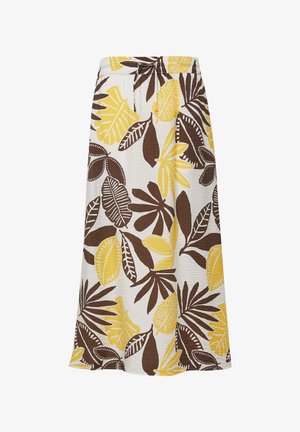 Lange, gemusterte Rock mit gelben und braunen Blättern auf einem hellen Hintergrund. Hergestellt aus texturiertem Stoff mit einem elastischen Bund.