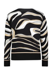 Schwarzes Langarmoberteil mit abstrakten Wellenmustern in Weiß, Beige und Grau, mit Rundhalsausschnitt und gerippten Bündchen.
