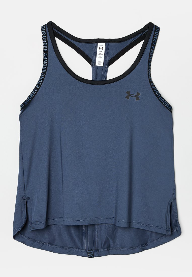 Débardeur de sport bleu en matériau extensible, avec un dos nageur, des accents noirs et un détail logo sur la poitrine.