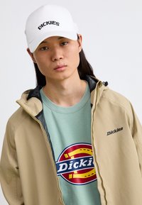 Bežna jakna sa zipom i crnim akcentima, svijetlozelena majica s grafičkim logotipom u crvenoj i plavoj boji, i bijela kapa s logotipom "Dickies".