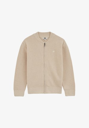 Cardigan beige con zip in maglia, con polsini, colletto e orlo a coste, caratterizzato da un motivo sottile e una piccola targhetta con logo sul petto a sinistra.