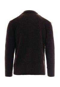 Maglione marrone scuro con un motivo a spina di pesce testurizzato, maniche lunghe e colletto e orlo a coste. Vista posteriore mostrata.