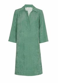 Groene corduroy jurk met een kraagnek, halve knoopsluiting en driekwart mouwen. Gelaagd stof met verticale strepen en een ontspannen pasvorm.