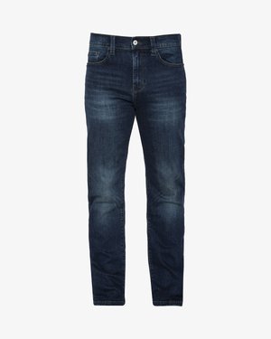 Mørkeblå denim jeans med en glat tekstur, tætsiddende design, fem lommer og diskrete falmende detaljer på lårene. Sølvfarvet knaplukning.