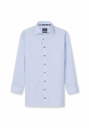 Helles blaues Langarmshirt aus glattem Stoff. Verfügt über einen spitzen Kragen, eine Knopfleiste mit dunklen Knöpfen und eine Brusttasche.