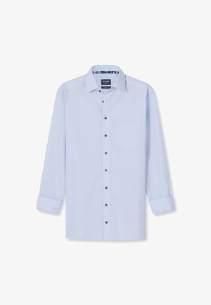 Lichtblauw overhemd met lange mouwen van gladde stof. Voorzien van een puntkraag, knoopsluiting aan de voorkant met donkere knopen en een borstzak.