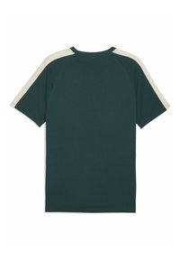 Mørkegrøn kortærmet t-shirt med beige raglanærmer og rund hals. Glat stof med et enkelt, rent design.