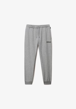 Szare dresy z elastycznym pasem, sznurkiem, ściągaczami, bocznymi kieszeniami i małym czarnym logo na górnej lewej części uda.