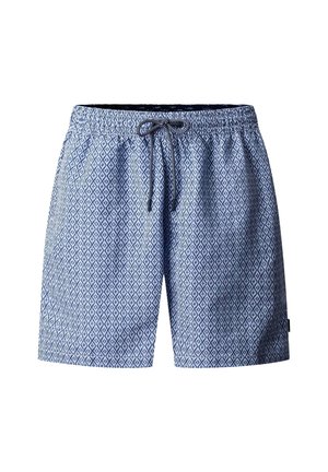 Blauwe zwembroek met wit diamantpatroon, elastische tailleband en zwart-witte koordsluiting.