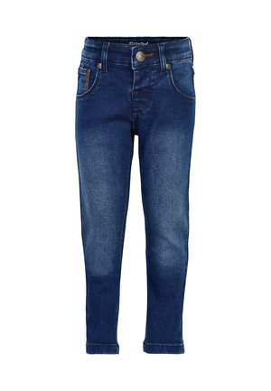 Jeans i mörkblå denim med en lätt tvätt. Funktioner inkluderar en framficka, en metallknappstängning och förstärkt sömnad på fickorna.