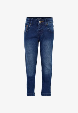 Jeans i mörkblå denim med en lätt tvätt. Funktioner inkluderar en framficka, en metallknappstängning och förstärkt sömnad på fickorna.