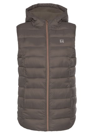 Dunkelbraune gepolsterte ärmellose Weste mit Kapuze, vertikal gestepptem Design und einem Reißverschluss auf der Vorderseite mit Kupferakzenten.
