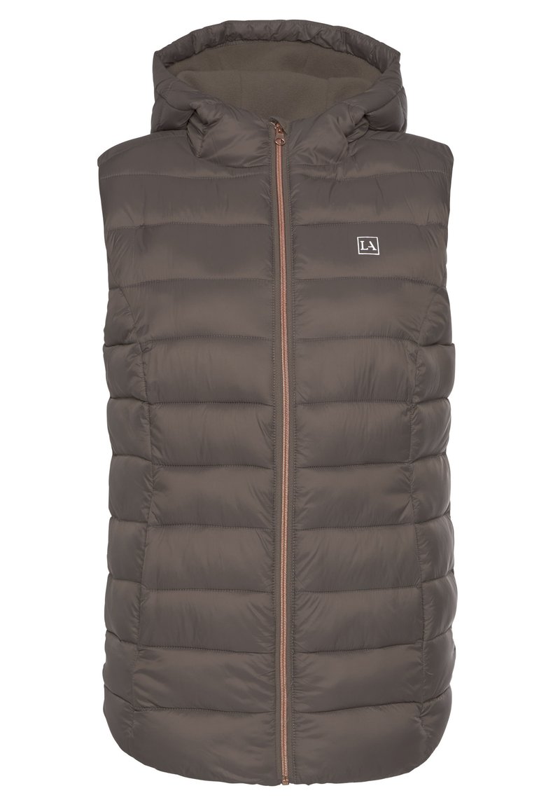 Dunkelbraune gepolsterte ärmellose Weste mit Kapuze, vertikal gestepptem Design und einem Reißverschluss auf der Vorderseite mit Kupferakzenten.