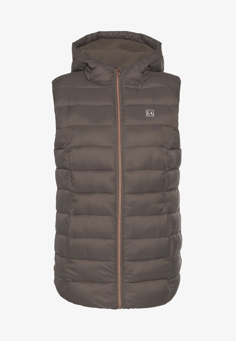 Dunkelbraune gepolsterte ärmellose Weste mit Kapuze, vertikal gestepptem Design und einem Reißverschluss auf der Vorderseite mit Kupferakzenten.