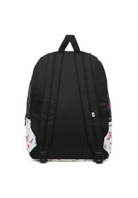 Zaino nero con design floreale sui lati bianchi, schienale in rete imbottita, spallacci regolabili e scomparti con doppia cerniera. Enfasi su durata e funzionalità.