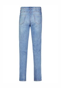 Jeans in denim azzurro chiaro con taglio dritto. Presentano due tasche posteriori e una patta con zip e chiusura a bottone. Design classico a cinque tasche.