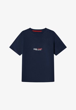Marineblaues T-Shirt mit kurzen Ärmeln und kleinem zentralem Textlogo in Weiß und Rot mit dem Schriftzug „PEPE JEANS MY DAILY RIDE.“