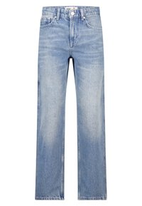 Light blue denim jeans with a straight leg design, subtle fading, belt loops, and a button closure at the waist.