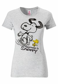 Gray cotton t-shirt featuring a cartoon Snoopy with a happy expression and a yellow Woodstock; text reads "Happiness is Snoopy."