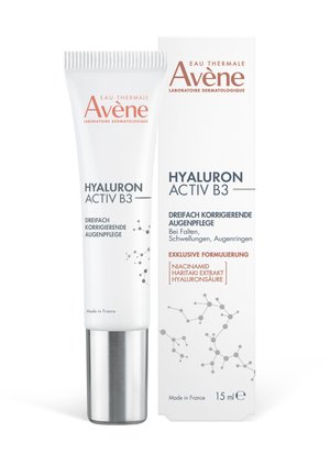 Avène Hyaluron Activ B3 eye cream tube and box, anti-wrinkle and anti-puffiness formula with niacinamide, Haritaki extract, and hyaluronic acid.
