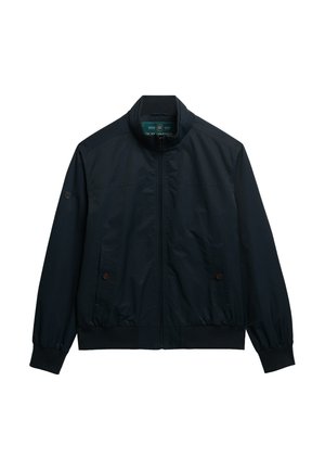 Navy blue bomber jacket with a stand collar, full zipper, two front pockets with brown buttons, and ribbed hem and cuffs. Smooth texture.