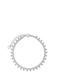 Bracciale in metallo argentato con design a catena intrecciata, caratterizzato da piccoli accenti sferici lungo la lunghezza e una chiusura a gancio.