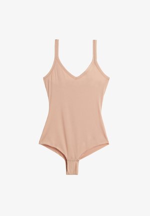 Naaktkleurige bodysuit met verstelbare spaghettibandjes, V-halsontwerp, zachte stof en drukknoopsluiting aan de onderkant. Eenvoudige en aansluitende silhouet.