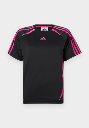 Tricou sport negru cu accente roz. Include trei dungi roz pe fiecare umăr și un logo Adidas roz pe piept.