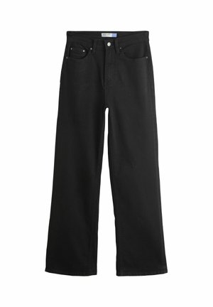 Schwarze Jeans mit weitem Bein, Frontknopf und Reißverschluss, Gürtelschlaufen und Fünf-Taschen-Design, flach auf weißem Hintergrund gezeigt.