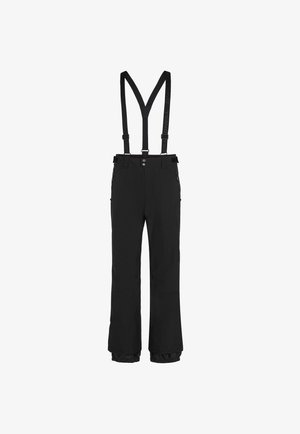 Black snow pants with adjustable suspenders, front zipper closure, side zip pockets, and elastic cuffs at the hem for a secure fit.
