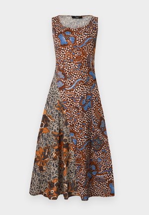 Αμάνικο φόρεμα σε σχήμα Α με ανάμεικτα λουλουδάτα και αφηρημένα σχέδια σε καφέ, μπλε, λευκούς και μαύρους τόνους.