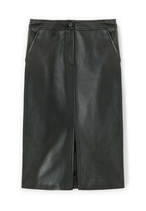 Zwarte leren rok met een rechte silhouette, voorpanne en zijzakken. Kenmerkt zich door stiksels en een knoopsluiting in de taille.