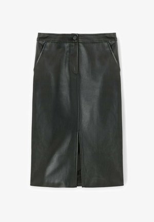 Black leather skirt with a straight silhouette, front slit, and side pockets. Features stitching details and a button closure at the waist.